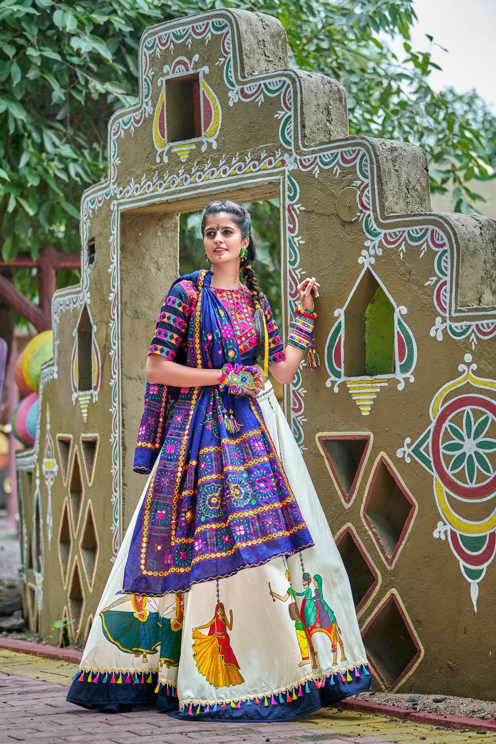 Navy Blue & Off White Soft Cotton Resham Embroidered & Real Mirror Work With Lehenga Choli