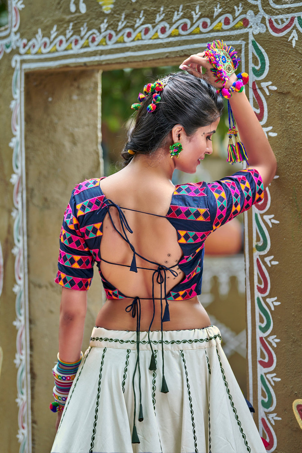 Navy Blue & Off White Soft Cotton Resham Embroidered & Real Mirror Work With Lehenga Choli