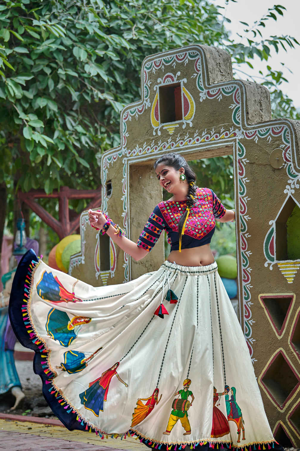Navy Blue & Off White Soft Cotton Resham Embroidered & Real Mirror Work With Lehenga Choli