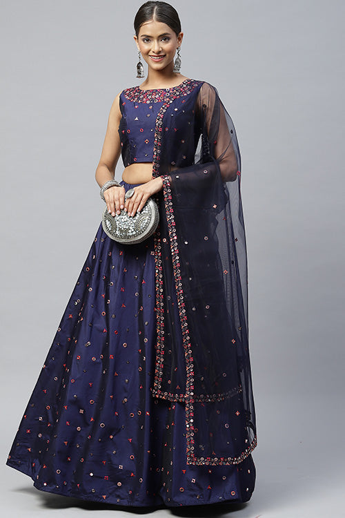 Navy blue Silk Designer Party Wear Mirror Work Lehenga Choli