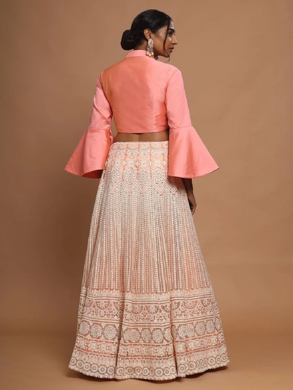 Peach Color Lucknowi Net Fabric Two Piece Lehenga Set