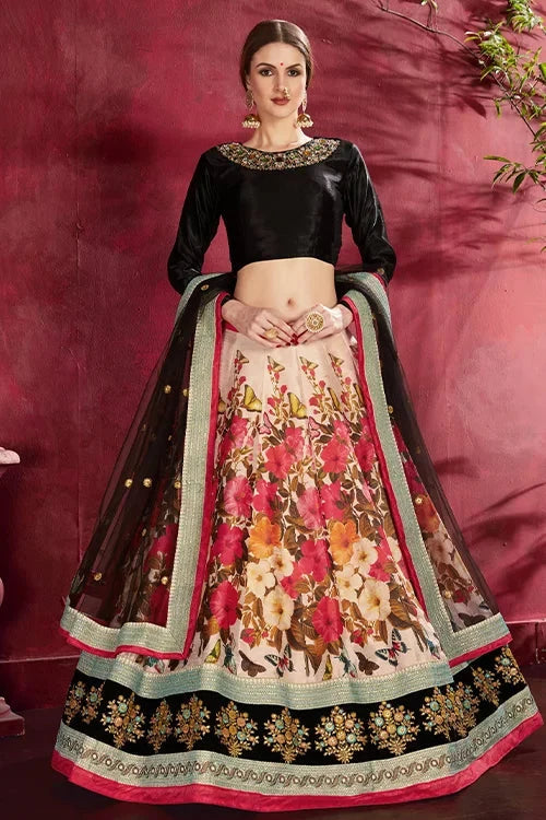 New Collection Floral Printed Lehenga Choli With Dupatta Black-Multi Colour