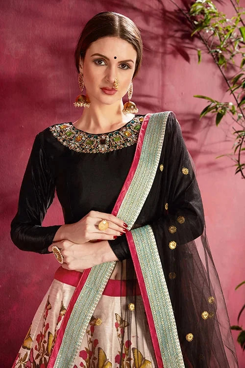 New Collection Floral Printed Lehenga Choli With Dupatta Black-Multi Colour