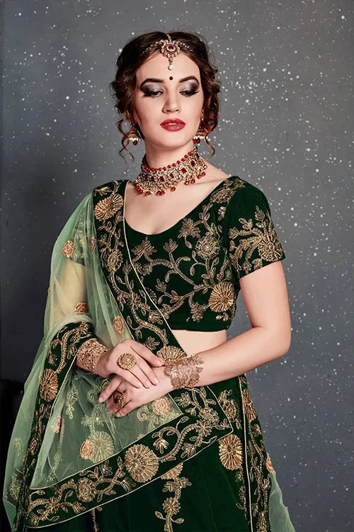 New Embroidery Lehenga Choli Dark Green Color