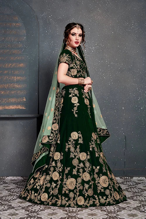 New Embroidery Lehenga Choli Dark Green Color