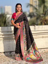 Black Pure Viscose Silk Meenakari Zari Motif Saree with Folk Art Pallu and Brocade Blouse