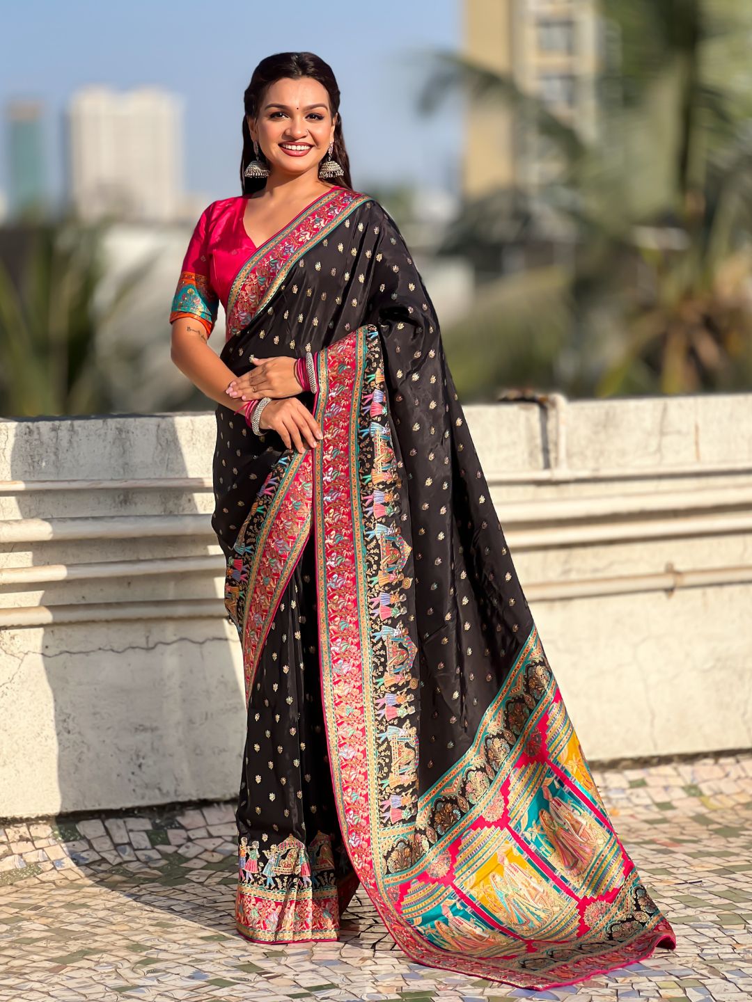 Black Pure Viscose Silk Meenakari Zari Motif Saree with Folk Art Pallu and Brocade Blouse