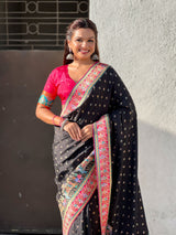 Black Pure Viscose Silk Meenakari Zari Motif Saree with Folk Art Pallu and Brocade Blouse