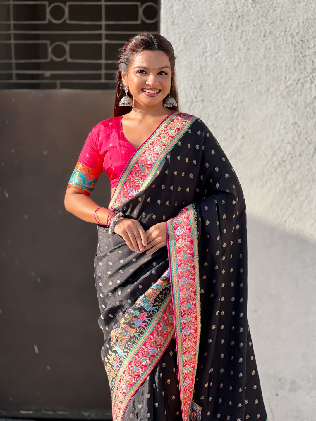 Black Pure Viscose Silk Meenakari Zari Motif Saree with Folk Art Pallu and Brocade Blouse