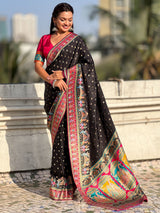 Black Pure Viscose Silk Meenakari Zari Motif Saree with Folk Art Pallu and Brocade Blouse