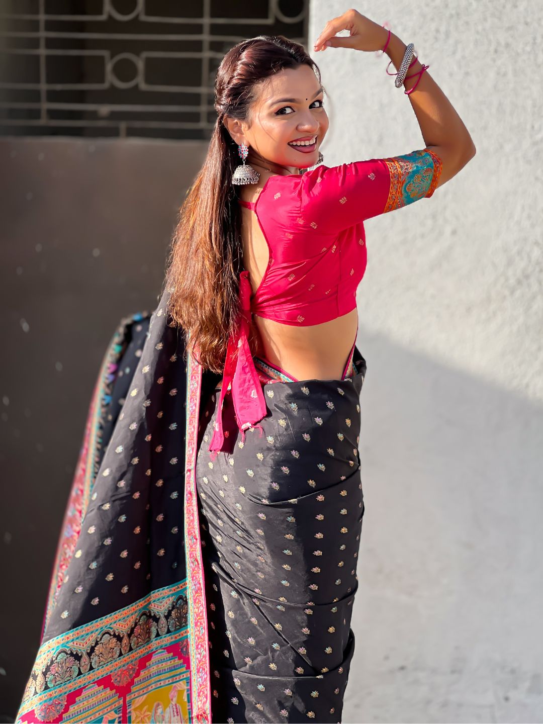 Black Pure Viscose Silk Meenakari Zari Motif Saree with Folk Art Pallu and Brocade Blouse