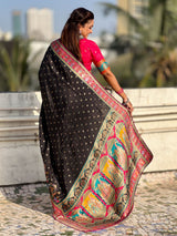 Black Pure Viscose Silk Meenakari Zari Motif Saree with Folk Art Pallu and Brocade Blouse