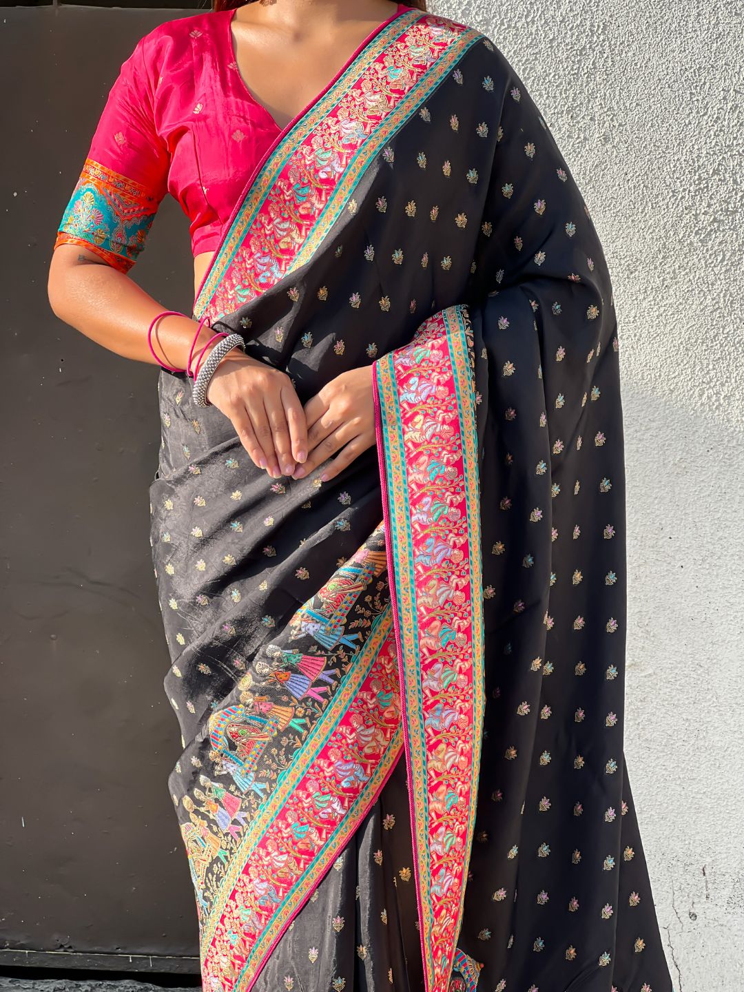 Black Pure Viscose Silk Meenakari Zari Motif Saree with Folk Art Pallu and Brocade Blouse