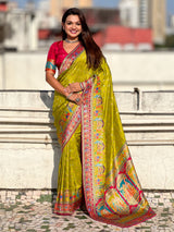 Mehendi Pure Viscose Silk Meenakari Zari Motif Saree with Folk Art Pallu and Brocade Blouse