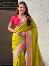 Mehendi Pure Viscose Silk Meenakari Zari Motif Saree with Folk Art Pallu and Brocade Blouse