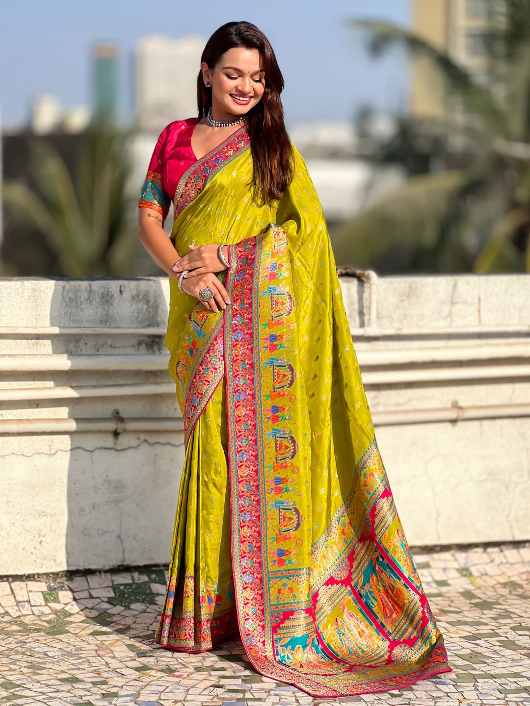 Mehendi Pure Viscose Silk Meenakari Zari Motif Saree with Folk Art Pallu and Brocade Blouse