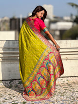 Mehendi Pure Viscose Silk Meenakari Zari Motif Saree with Folk Art Pallu and Brocade Blouse