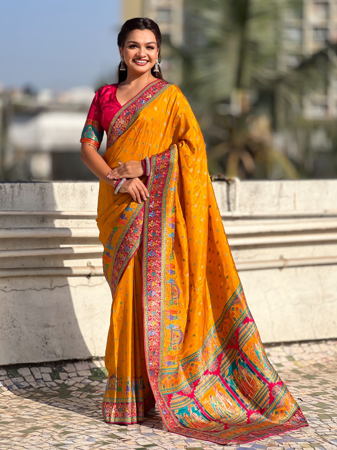 Mustard Pure Viscose Silk Meenakari Zari Motif Saree with Folk Art Pallu and Brocade Blouse