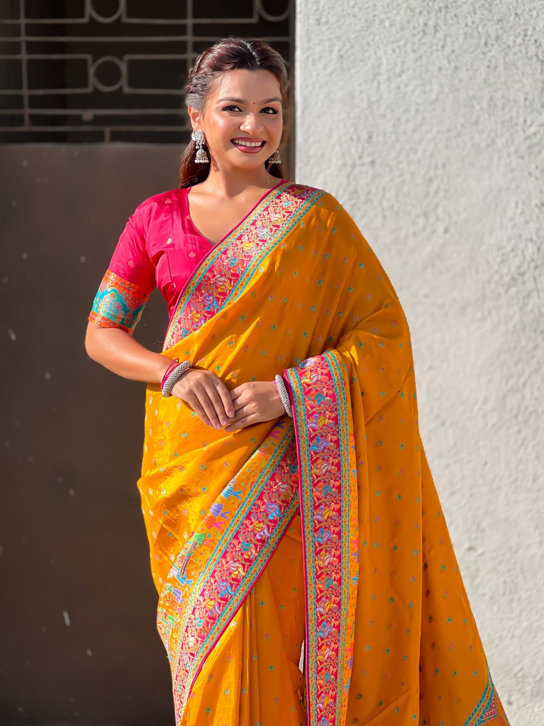 Mustard Pure Viscose Silk Meenakari Zari Motif Saree with Folk Art Pallu and Brocade Blouse