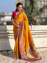 Mustard Pure Viscose Silk Meenakari Zari Motif Saree with Folk Art Pallu and Brocade Blouse