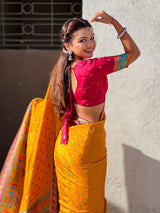 Mustard Pure Viscose Silk Meenakari Zari Motif Saree with Folk Art Pallu and Brocade Blouse