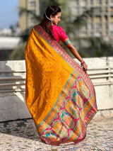 Mustard Pure Viscose Silk Meenakari Zari Motif Saree with Folk Art Pallu and Brocade Blouse