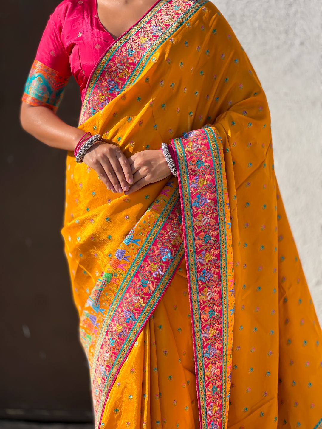 Mustard Pure Viscose Silk Meenakari Zari Motif Saree with Folk Art Pallu and Brocade Blouse