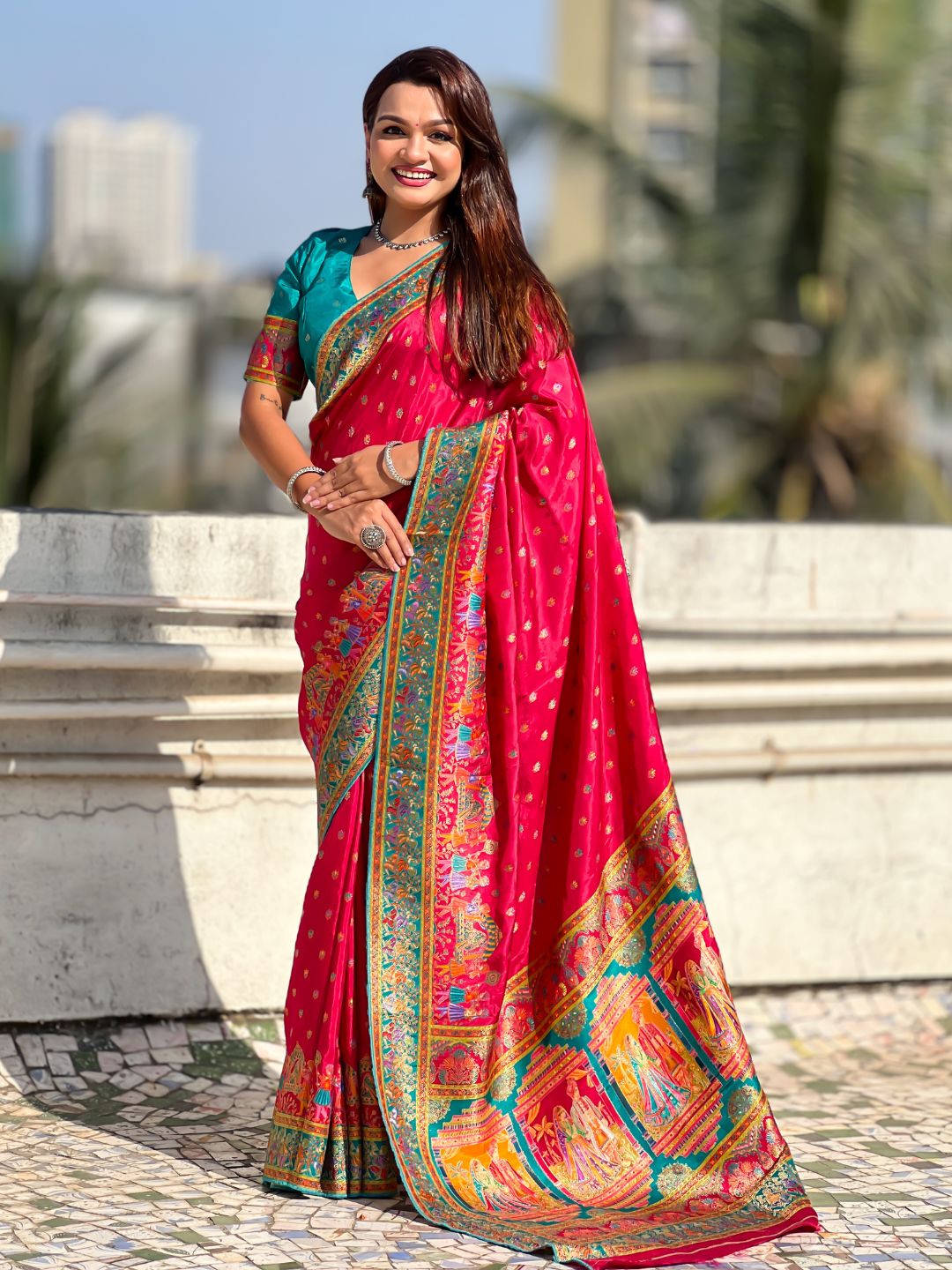 Pink Pure Viscose Silk Meenakari Zari Motif Saree with Folk Art Pallu and Brocade Blouse