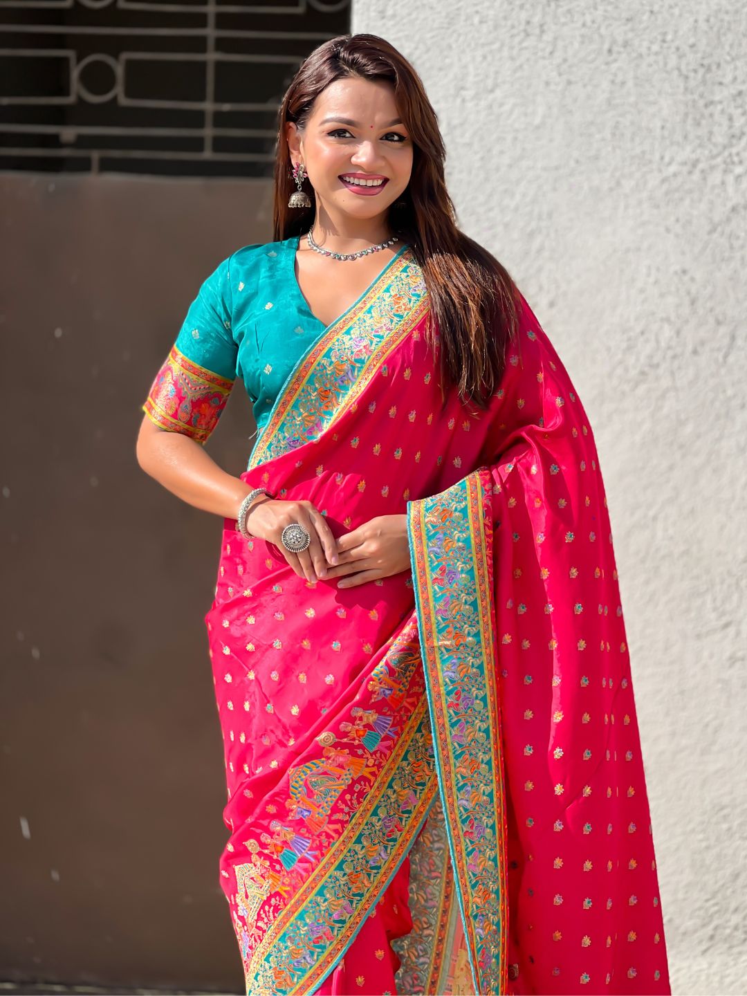 Pink Pure Viscose Silk Meenakari Zari Motif Saree with Folk Art Pallu and Brocade Blouse