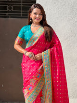 Pink Pure Viscose Silk Meenakari Zari Motif Saree with Folk Art Pallu and Brocade Blouse