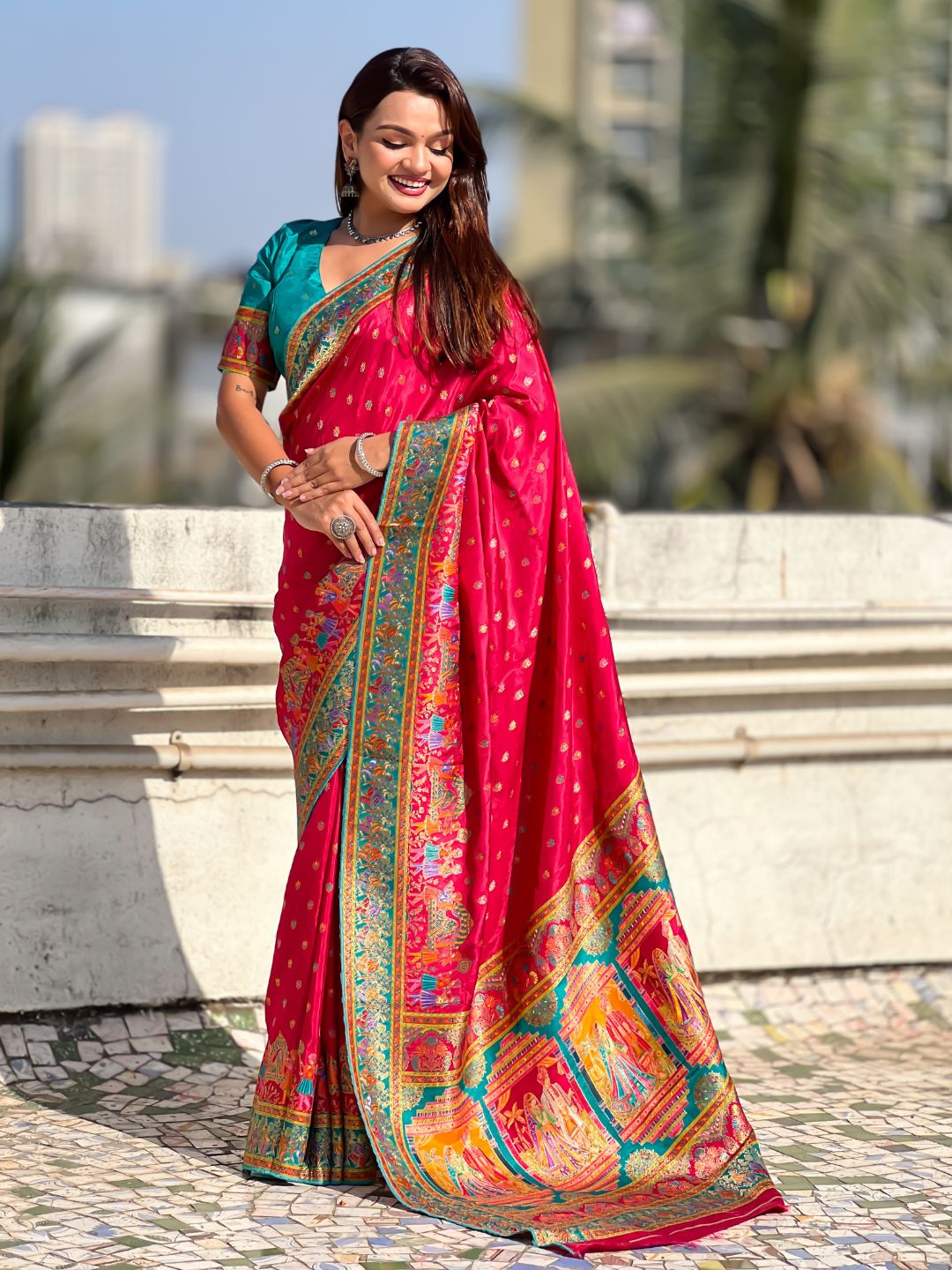 Pink Pure Viscose Silk Meenakari Zari Motif Saree with Folk Art Pallu and Brocade Blouse
