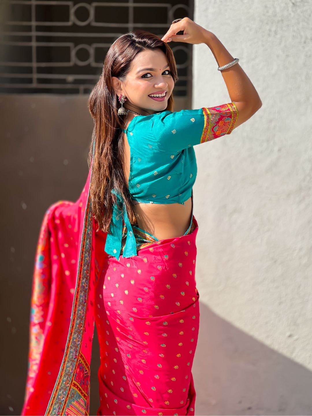 Pink Pure Viscose Silk Meenakari Zari Motif Saree with Folk Art Pallu and Brocade Blouse