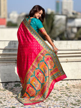Pink Pure Viscose Silk Meenakari Zari Motif Saree with Folk Art Pallu and Brocade Blouse