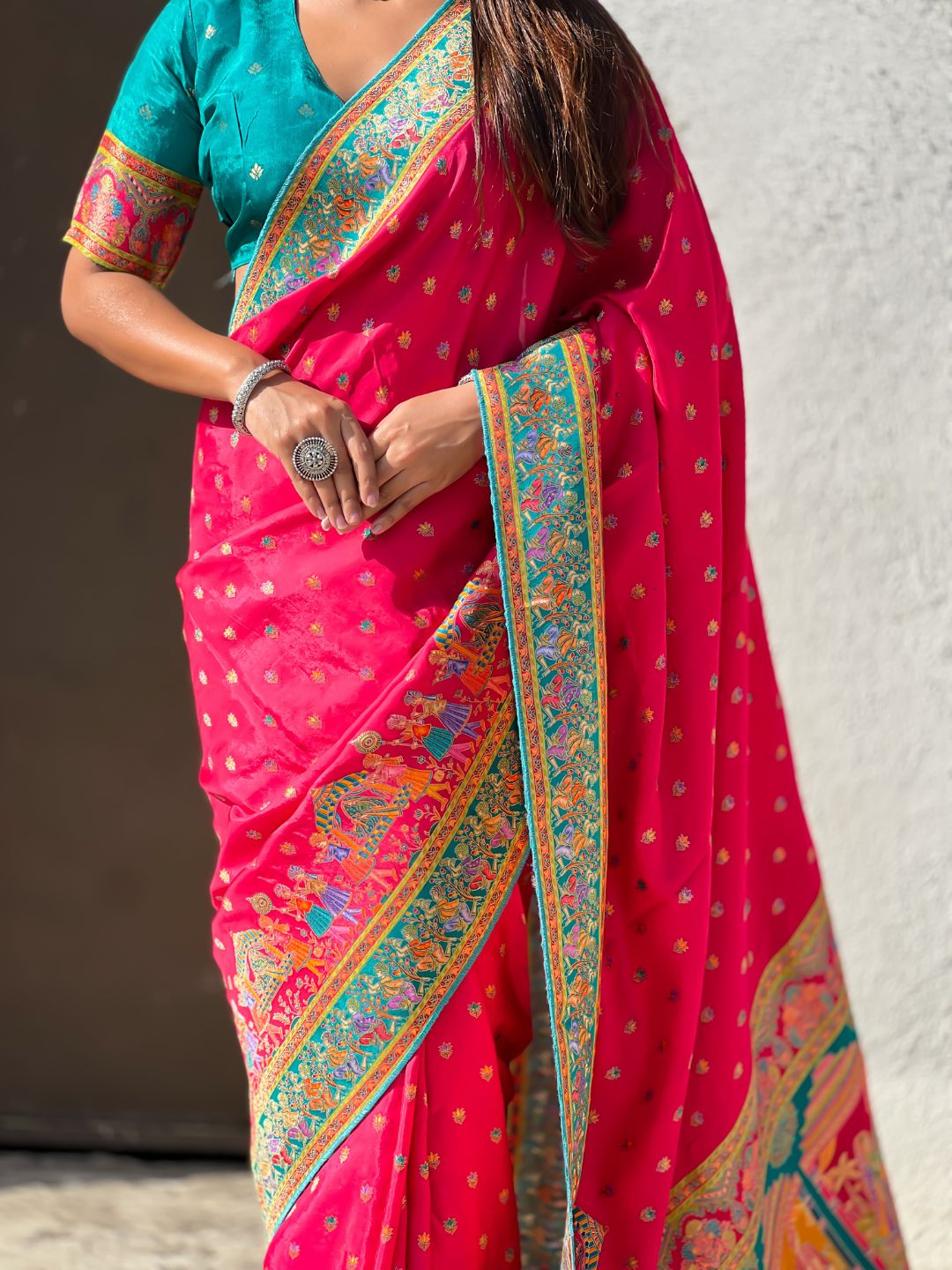 Pink Pure Viscose Silk Meenakari Zari Motif Saree with Folk Art Pallu and Brocade Blouse
