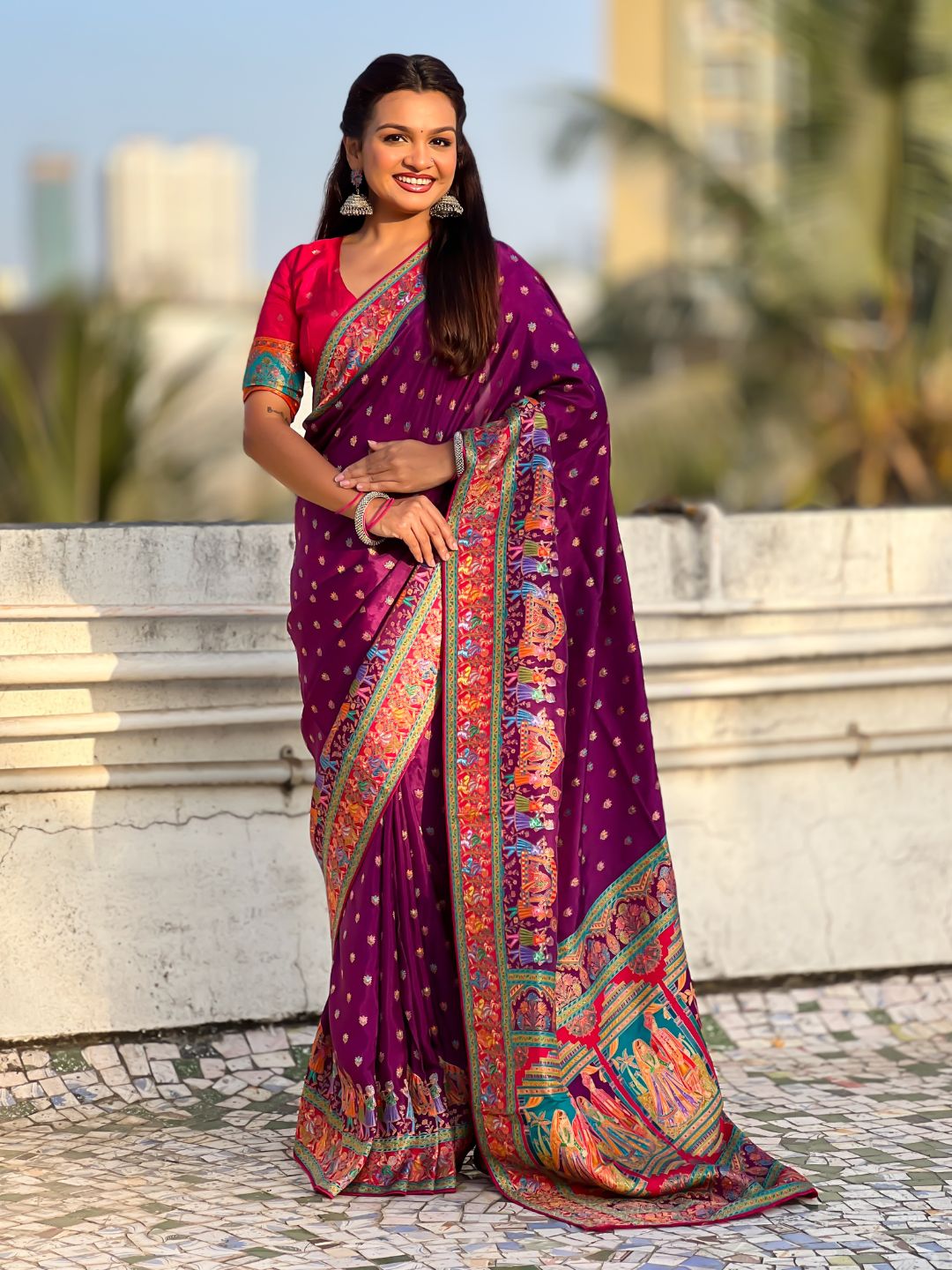 Purple Pure Viscose Silk Meenakari Zari Motif Saree with Folk Art Pallu and Brocade Blouse