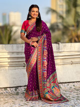 Purple Pure Viscose Silk Meenakari Zari Motif Saree with Folk Art Pallu and Brocade Blouse