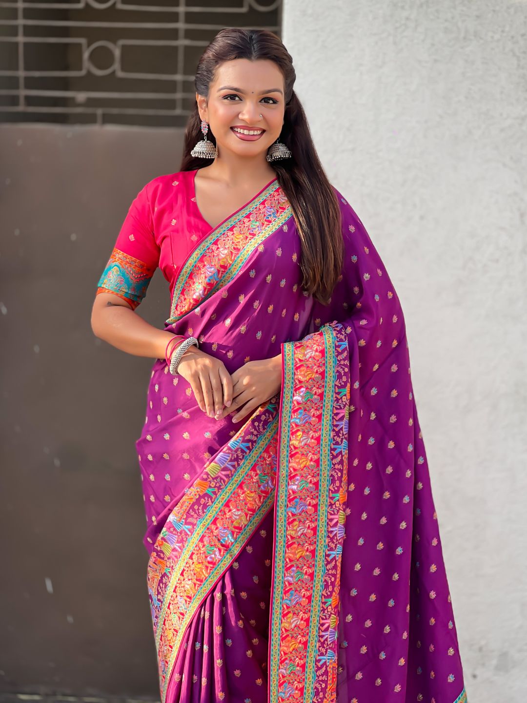 Purple Pure Viscose Silk Meenakari Zari Motif Saree with Folk Art Pallu and Brocade Blouse
