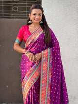 Purple Pure Viscose Silk Meenakari Zari Motif Saree with Folk Art Pallu and Brocade Blouse