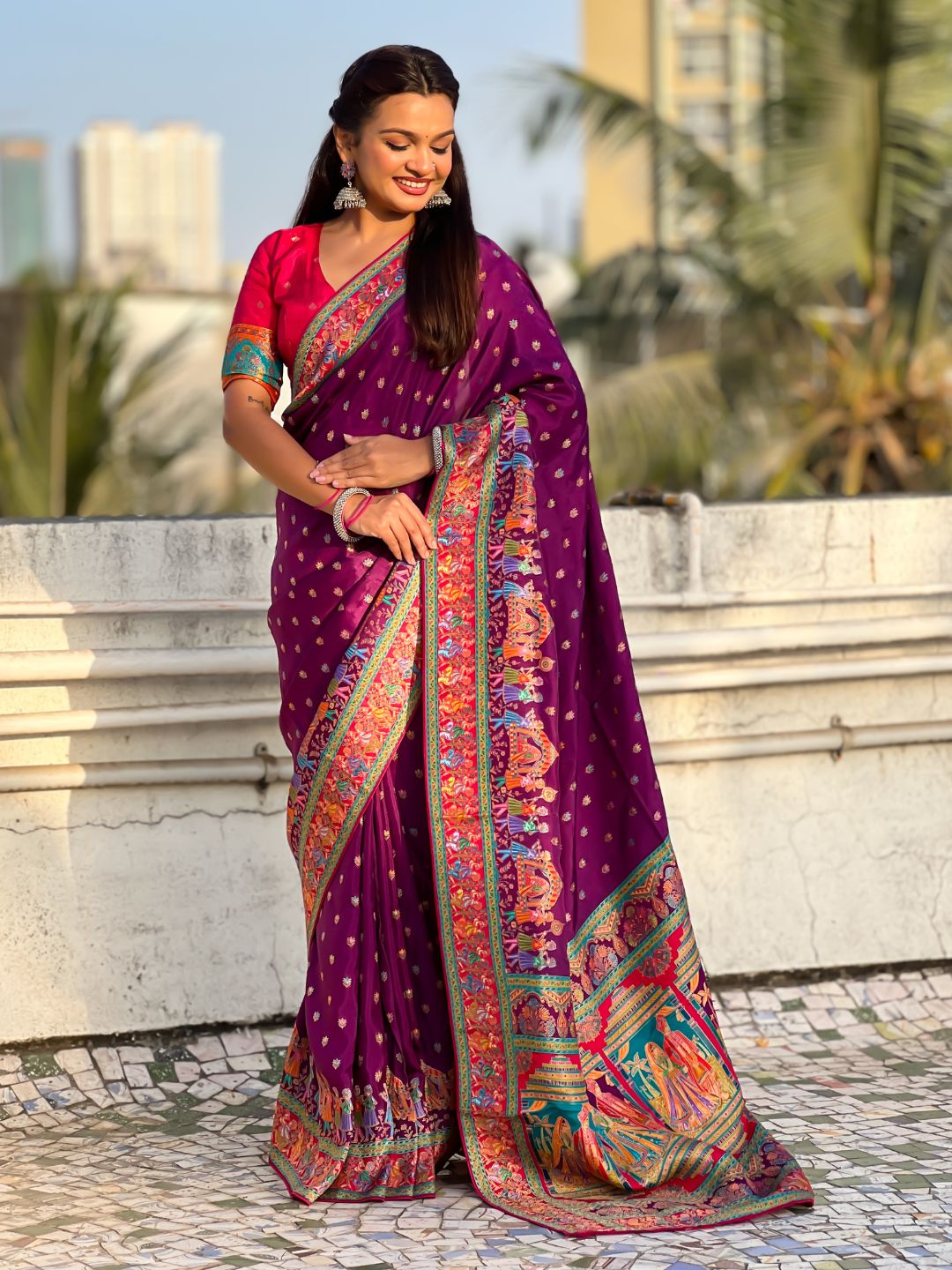 Purple Pure Viscose Silk Meenakari Zari Motif Saree with Folk Art Pallu and Brocade Blouse