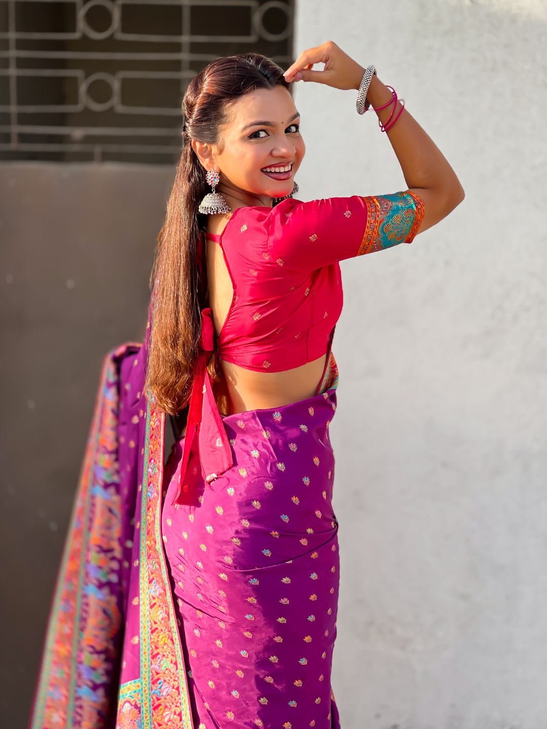 Purple Pure Viscose Silk Meenakari Zari Motif Saree with Folk Art Pallu and Brocade Blouse