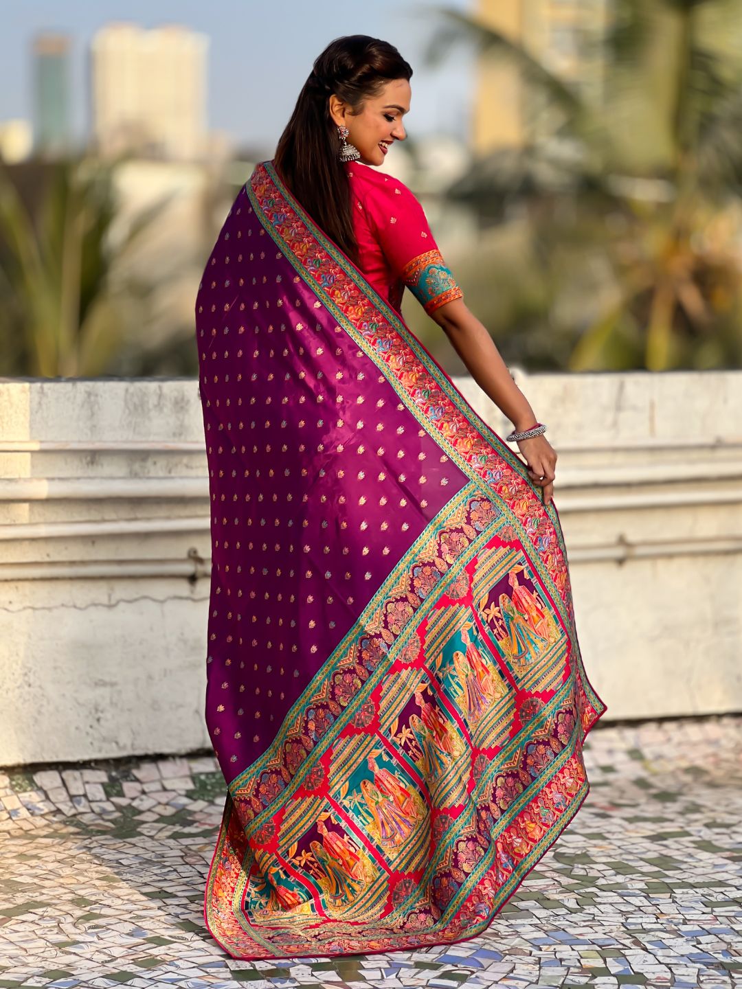 Purple Pure Viscose Silk Meenakari Zari Motif Saree with Folk Art Pallu and Brocade Blouse