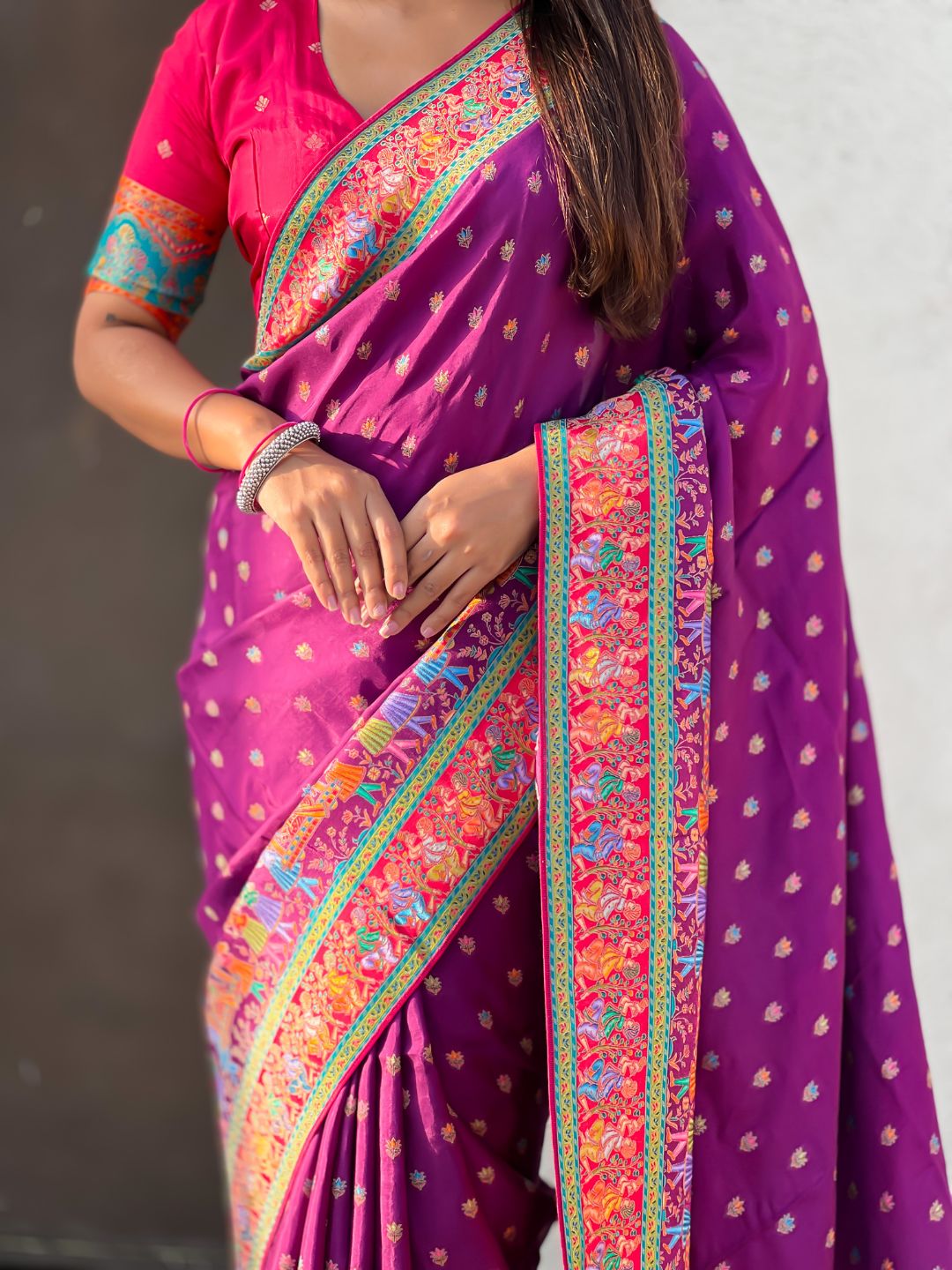 Purple Pure Viscose Silk Meenakari Zari Motif Saree with Folk Art Pallu and Brocade Blouse