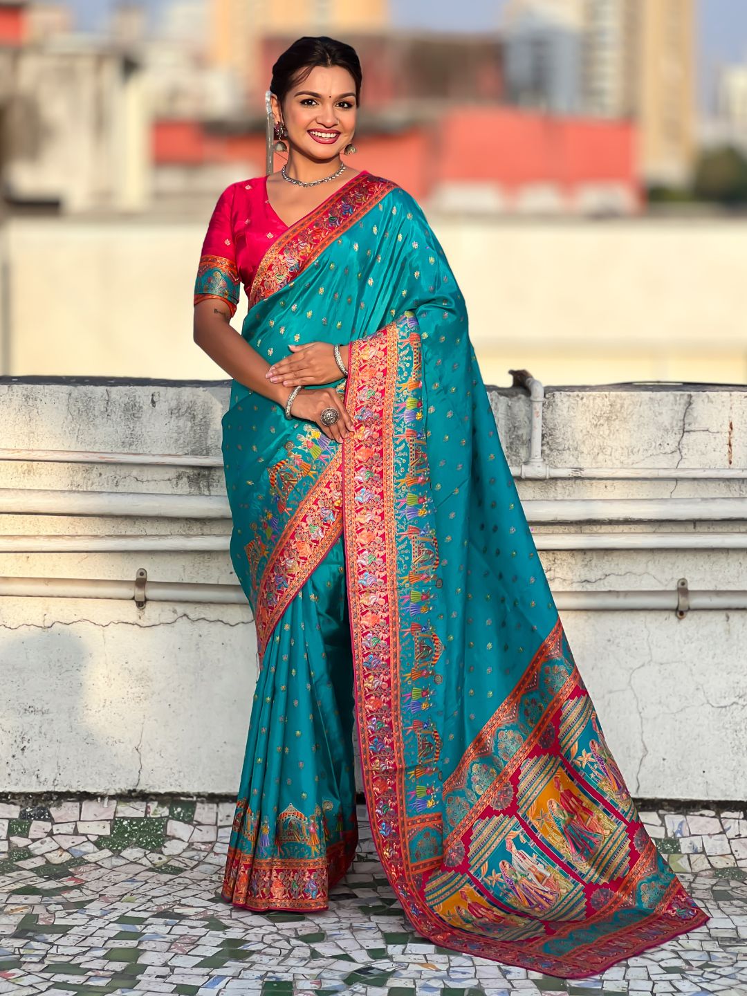 Rama Pure Viscose Silk Meenakari Zari Motif Saree with Folk Art Pallu and Brocade Blouse