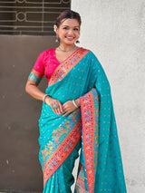 Rama Pure Viscose Silk Meenakari Zari Motif Saree with Folk Art Pallu and Brocade Blouse
