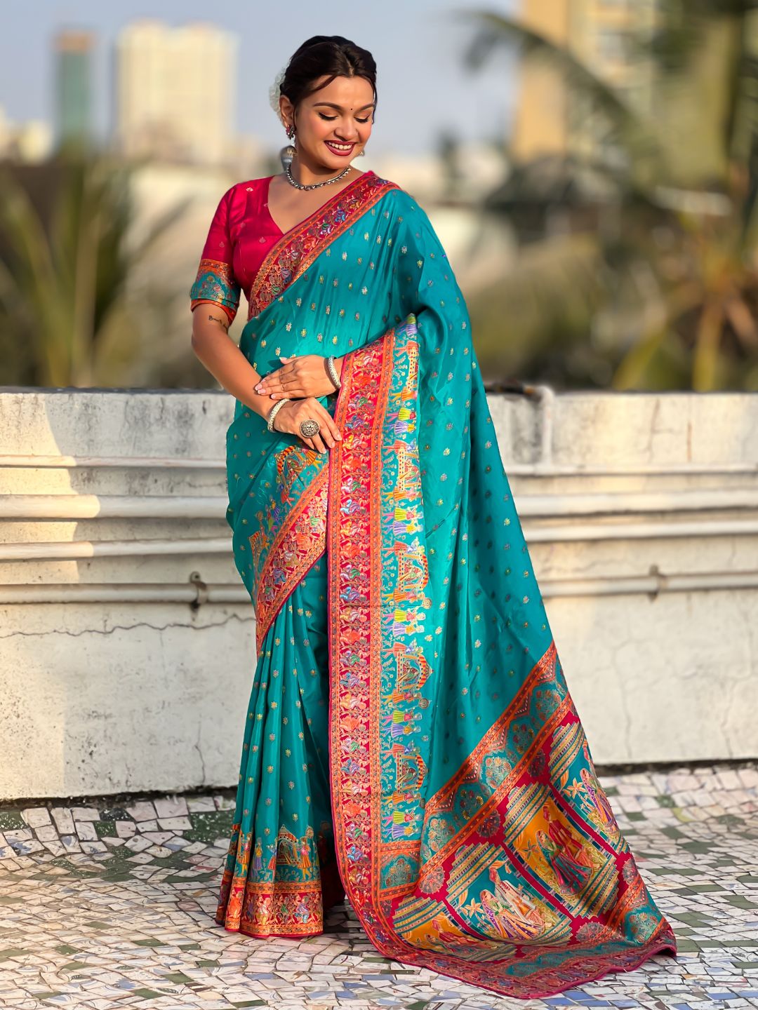 Rama Pure Viscose Silk Meenakari Zari Motif Saree with Folk Art Pallu and Brocade Blouse