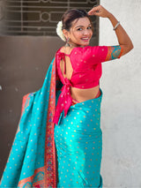 Rama Pure Viscose Silk Meenakari Zari Motif Saree with Folk Art Pallu and Brocade Blouse