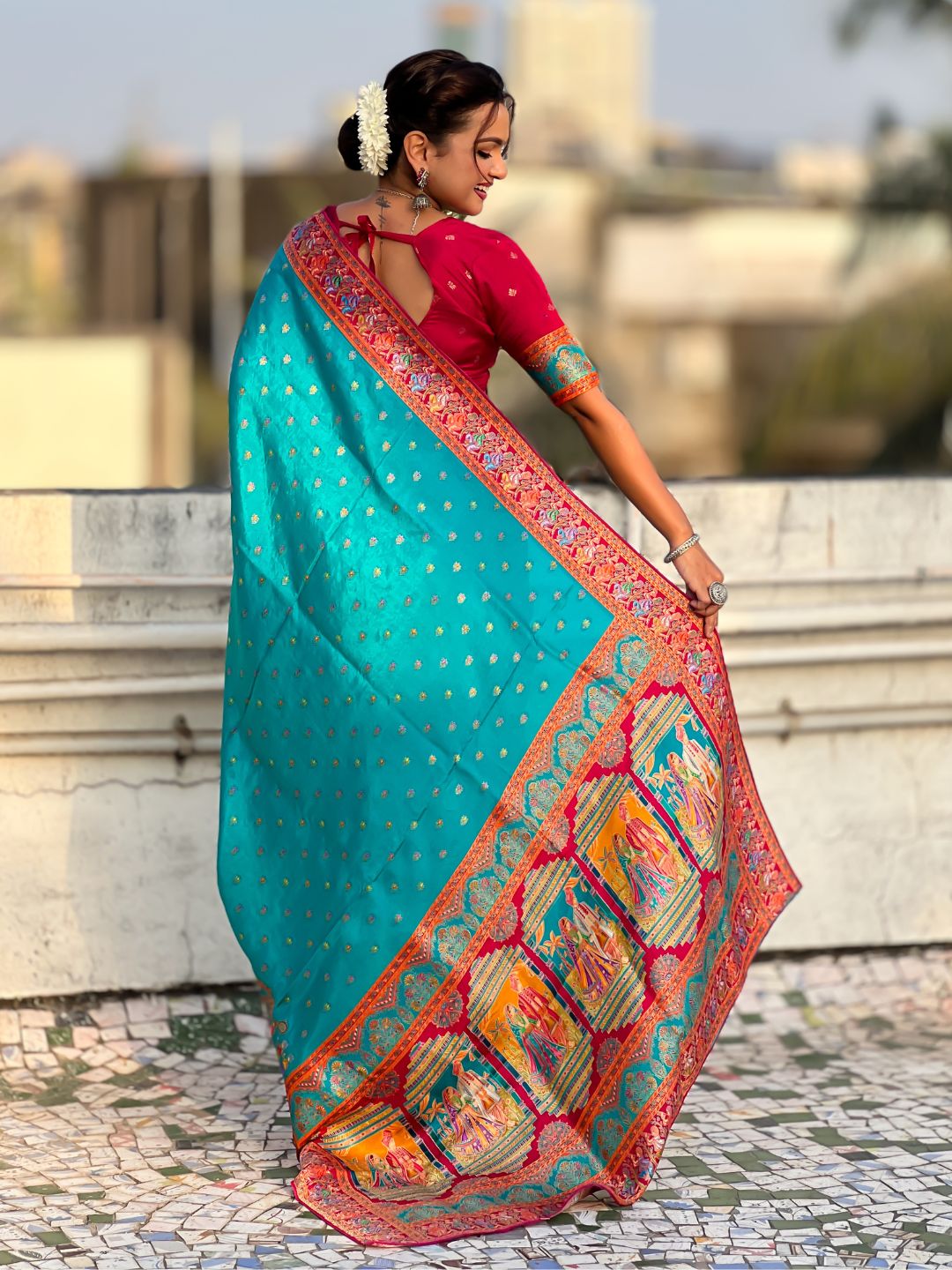 Rama Pure Viscose Silk Meenakari Zari Motif Saree with Folk Art Pallu and Brocade Blouse