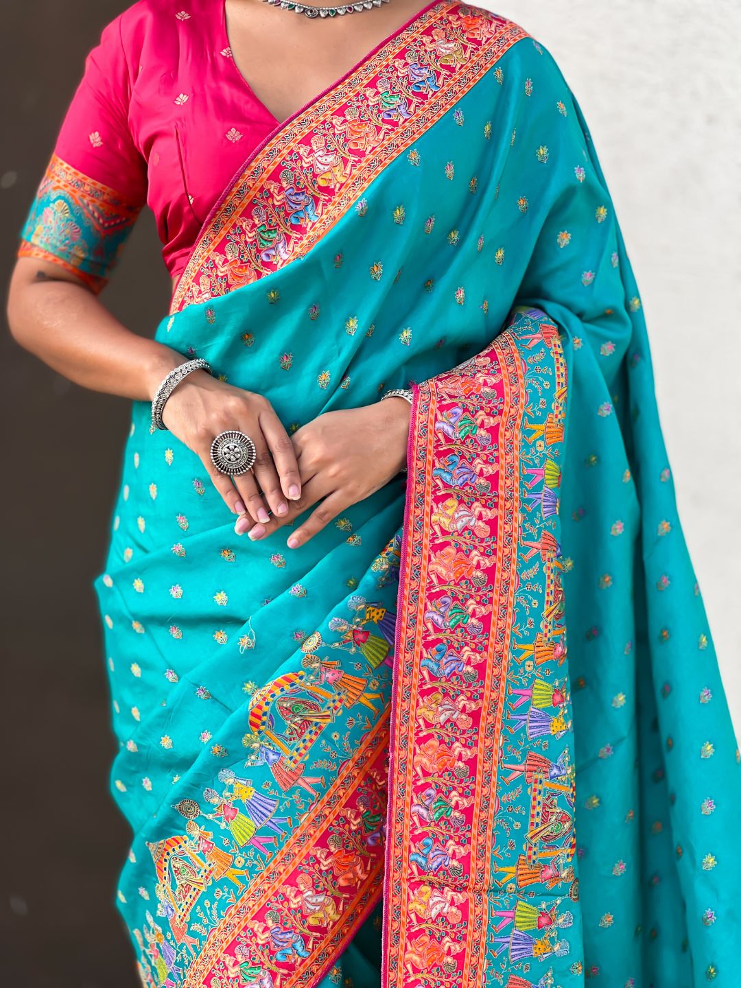 Rama Pure Viscose Silk Meenakari Zari Motif Saree with Folk Art Pallu and Brocade Blouse