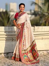 White Pure Viscose Silk Meenakari Zari Motif Saree with Folk Art Pallu and Brocade Blouse