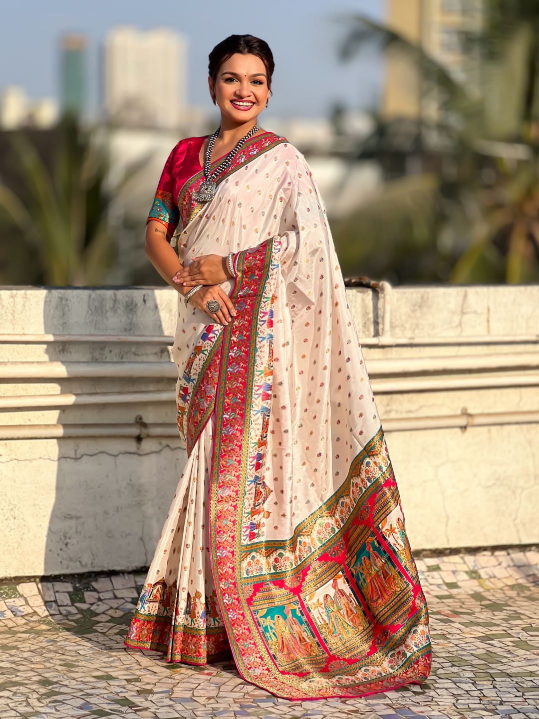 White Pure Viscose Silk Meenakari Zari Motif Saree with Folk Art Pallu and Brocade Blouse
